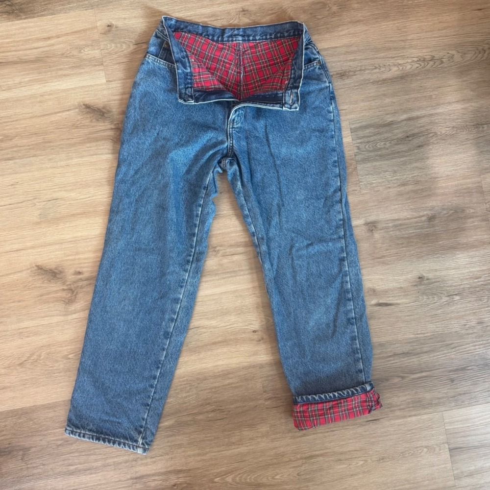 VTG LL Bean Double L Relaxed Fit Womens Flannel Lined Jeans Blue Plaid 8 Reg